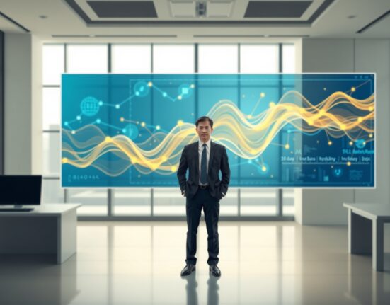 Financial analyst reviewing Bitmax Bitcoin transfer data on a digital display in a professional office.