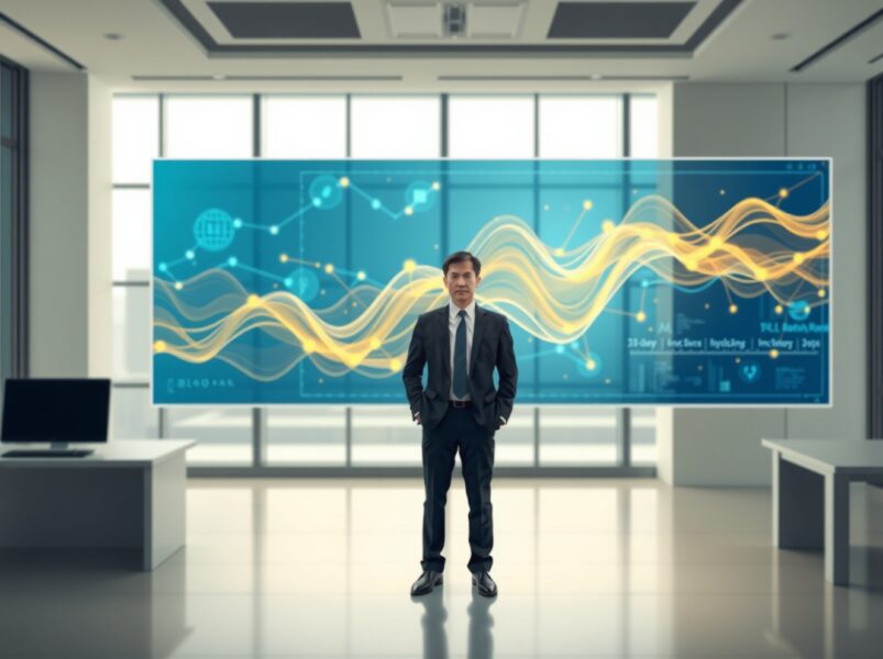 Financial analyst reviewing Bitmax Bitcoin transfer data on a digital display in a professional office.