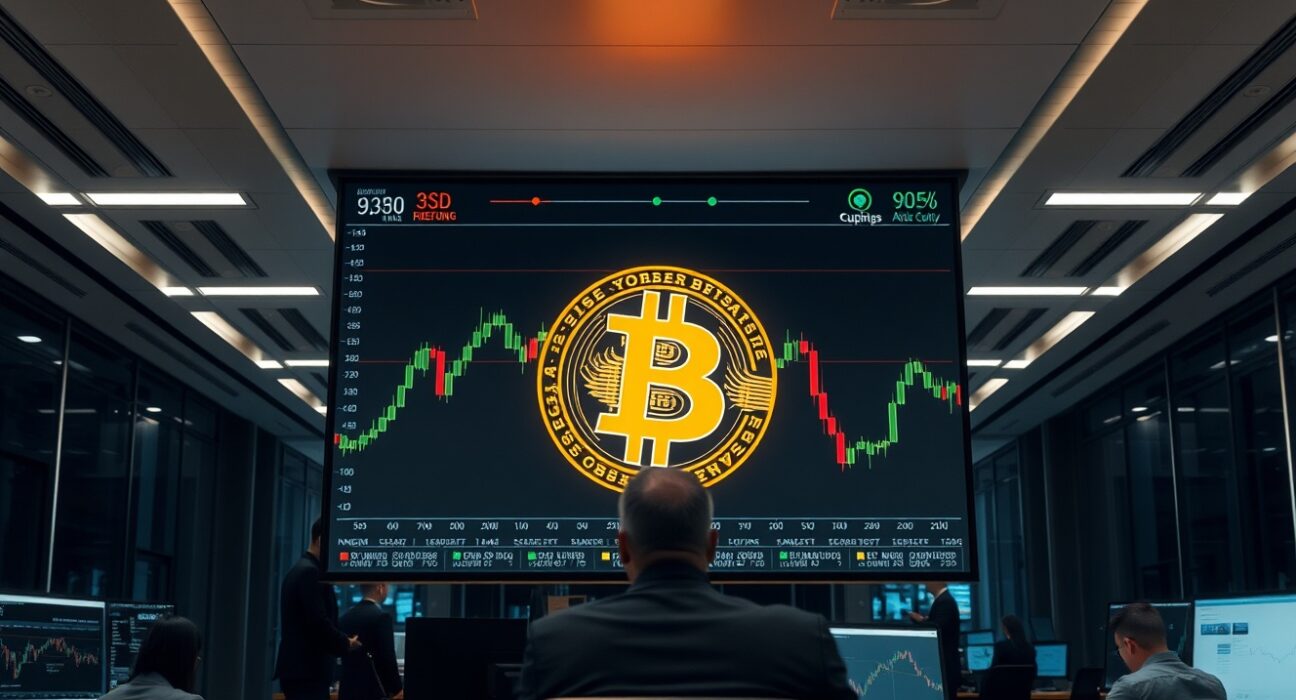Bitcoin price chart on a screen in a modern trading office
