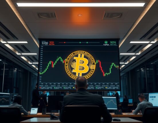 Bitcoin price chart on a screen in a modern trading office