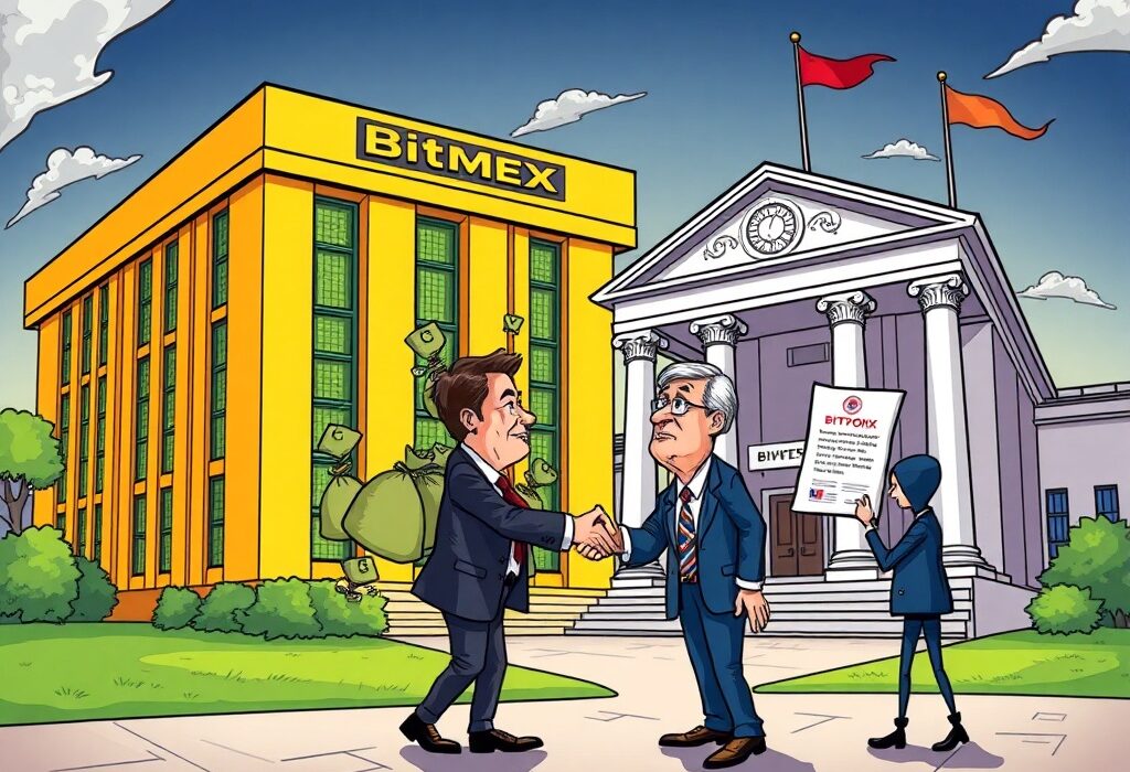 Cartoon depicting BitMEX lobbying efforts with money bags being exchanged, hinting at the controversial presidential pardon.
