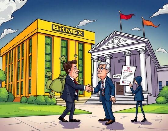 Cartoon depicting BitMEX lobbying efforts with money bags being exchanged, hinting at the controversial presidential pardon.