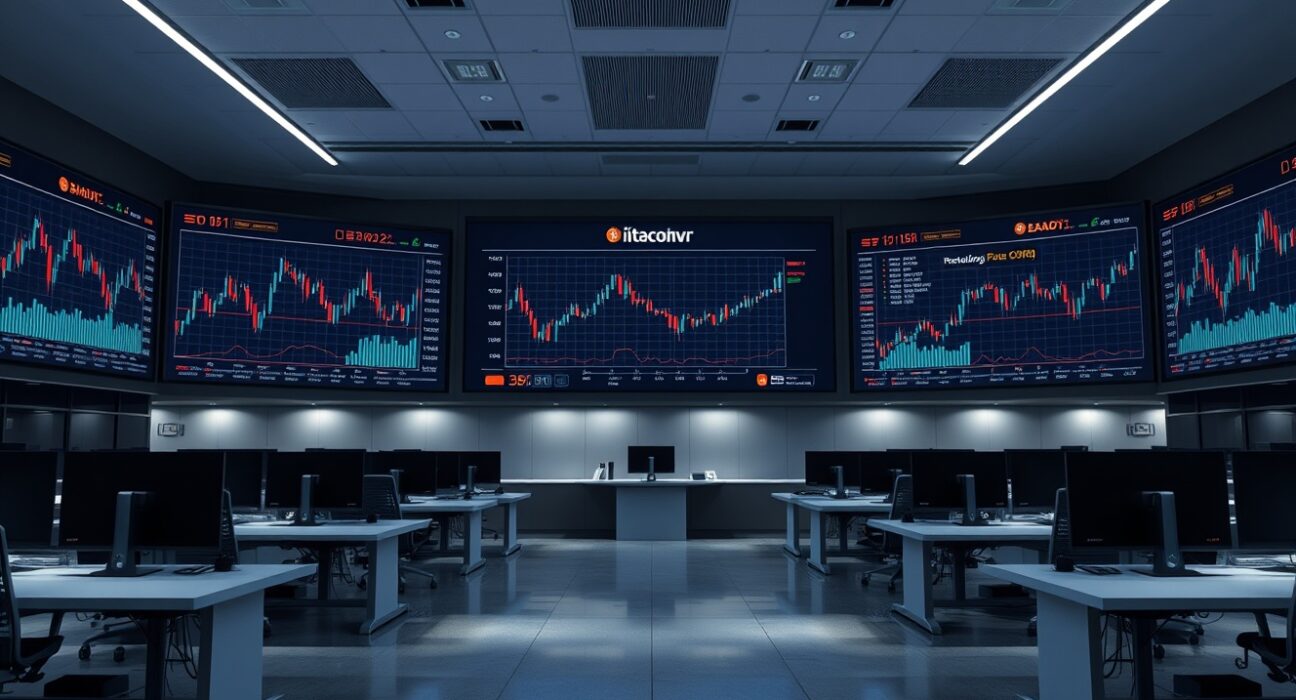 BitMEX trading floor with screens showing market data and maintenance notice