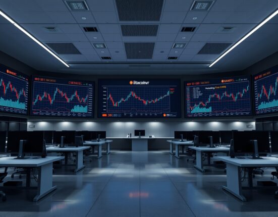 BitMEX trading floor with screens showing market data and maintenance notice