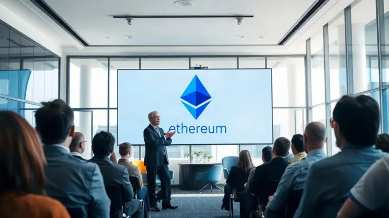 BitMine Chairman Tom Lee speaking about Ethereum treasury strategy at a corporate event