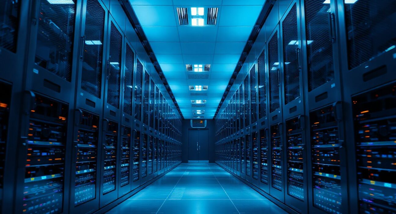 Interior of a modern data center with rows of servers, representing institutional Ethereum staking infrastructure.