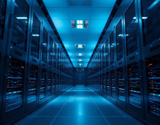 Interior of a modern data center with rows of servers, representing institutional Ethereum staking infrastructure.
