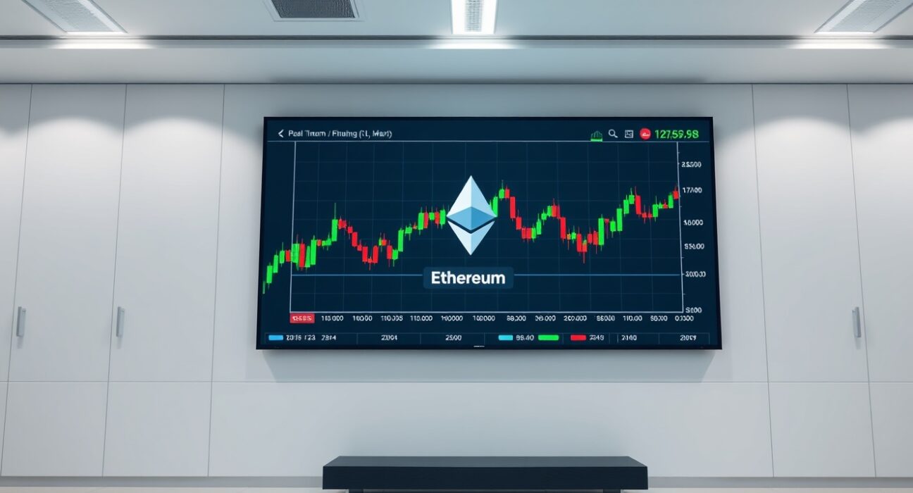 Digital display showing Ethereum price chart in a modern corporate office lobby