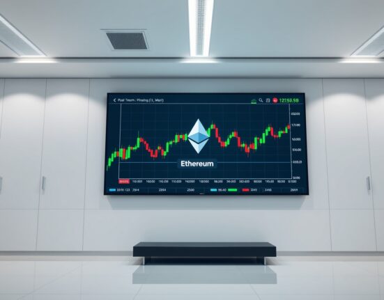 Digital display showing Ethereum price chart in a modern corporate office lobby