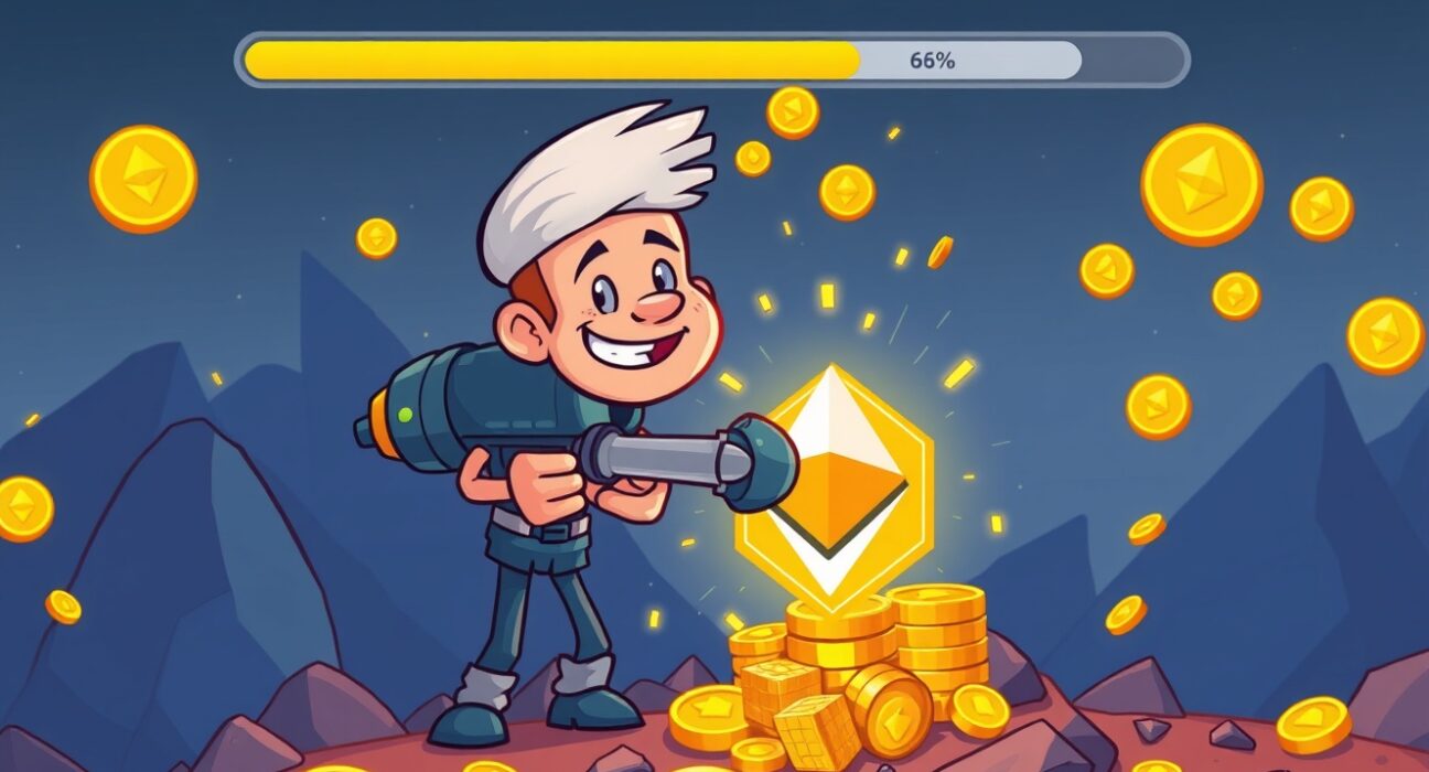 Cartoon illustration showing Bitmine's ambitious progress in accumulating a significant portion of the Ethereum supply.