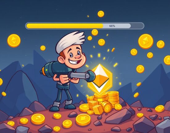 Cartoon illustration showing Bitmine's ambitious progress in accumulating a significant portion of the Ethereum supply.