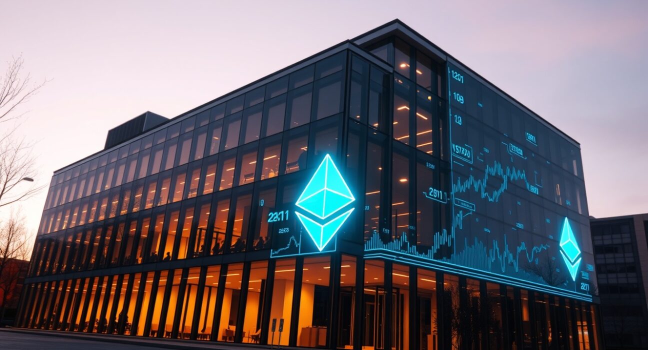 Bitmine corporate headquarters with Ethereum symbols and data charts on glass facade at dusk
