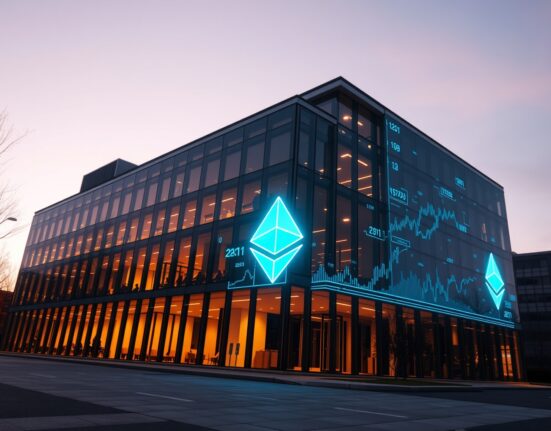 Bitmine corporate headquarters with Ethereum symbols and data charts on glass facade at dusk