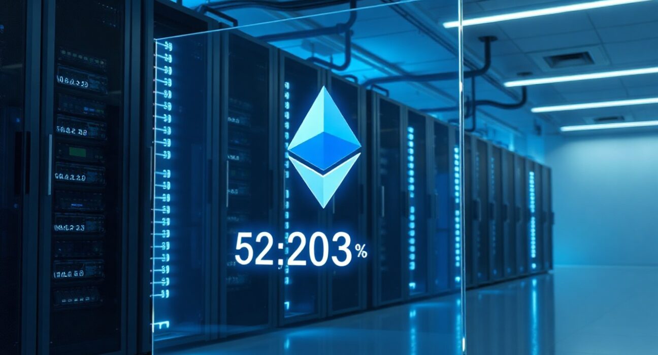 Bitmine data center with Ethereum logo and 52,203 ETH acquisition display