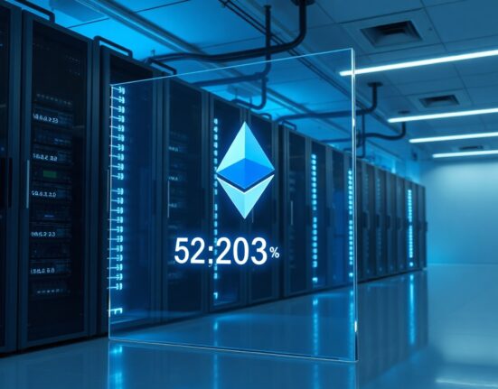 Bitmine data center with Ethereum logo and 52,203 ETH acquisition display