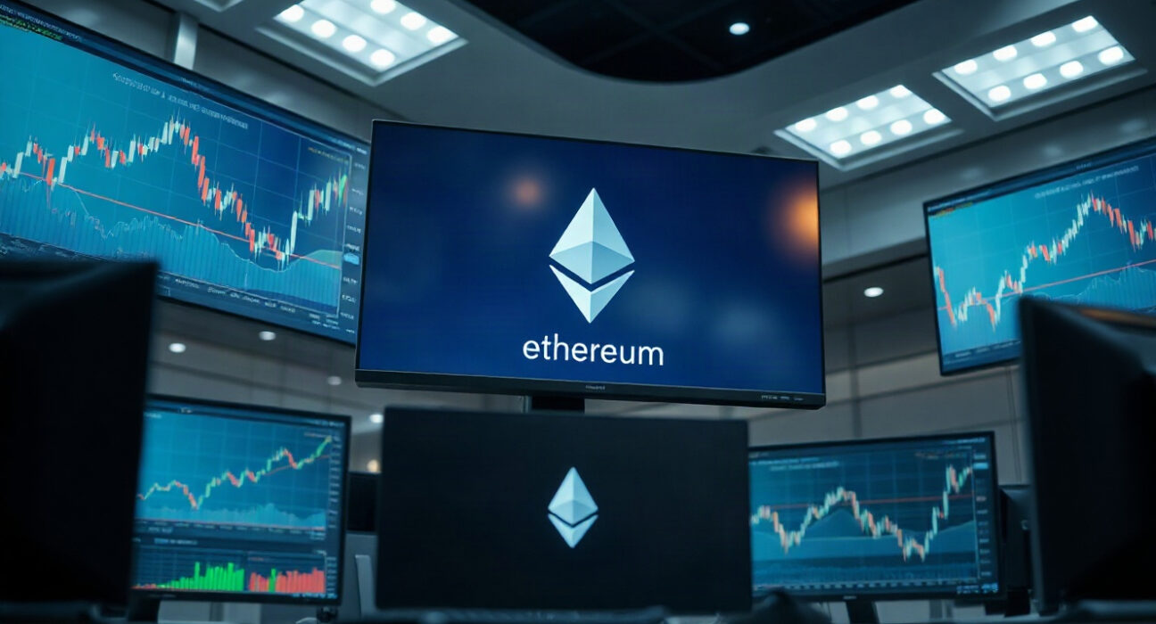 Ethereum price charts on monitors in a modern trading floor, reflecting institutional activity.