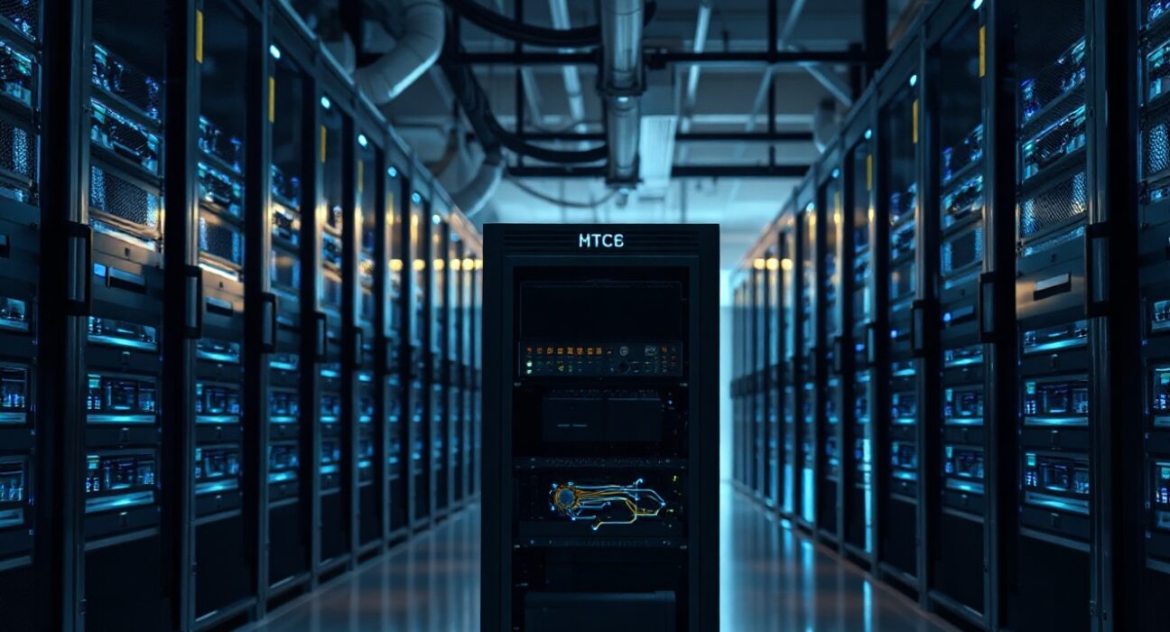 Interior of a cryptocurrency mining data center with server racks and blue LED lighting