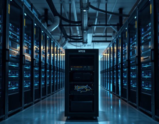 Interior of a cryptocurrency mining data center with server racks and blue LED lighting