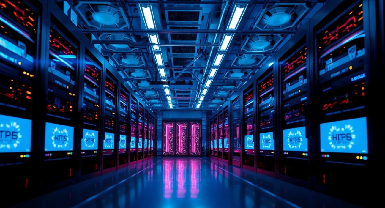 Interior of a modern cryptocurrency mining data center with rows of servers and mining rigs.