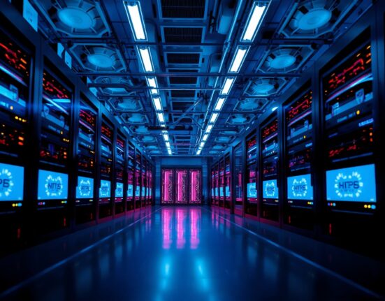 Interior of a modern cryptocurrency mining data center with rows of servers and mining rigs.