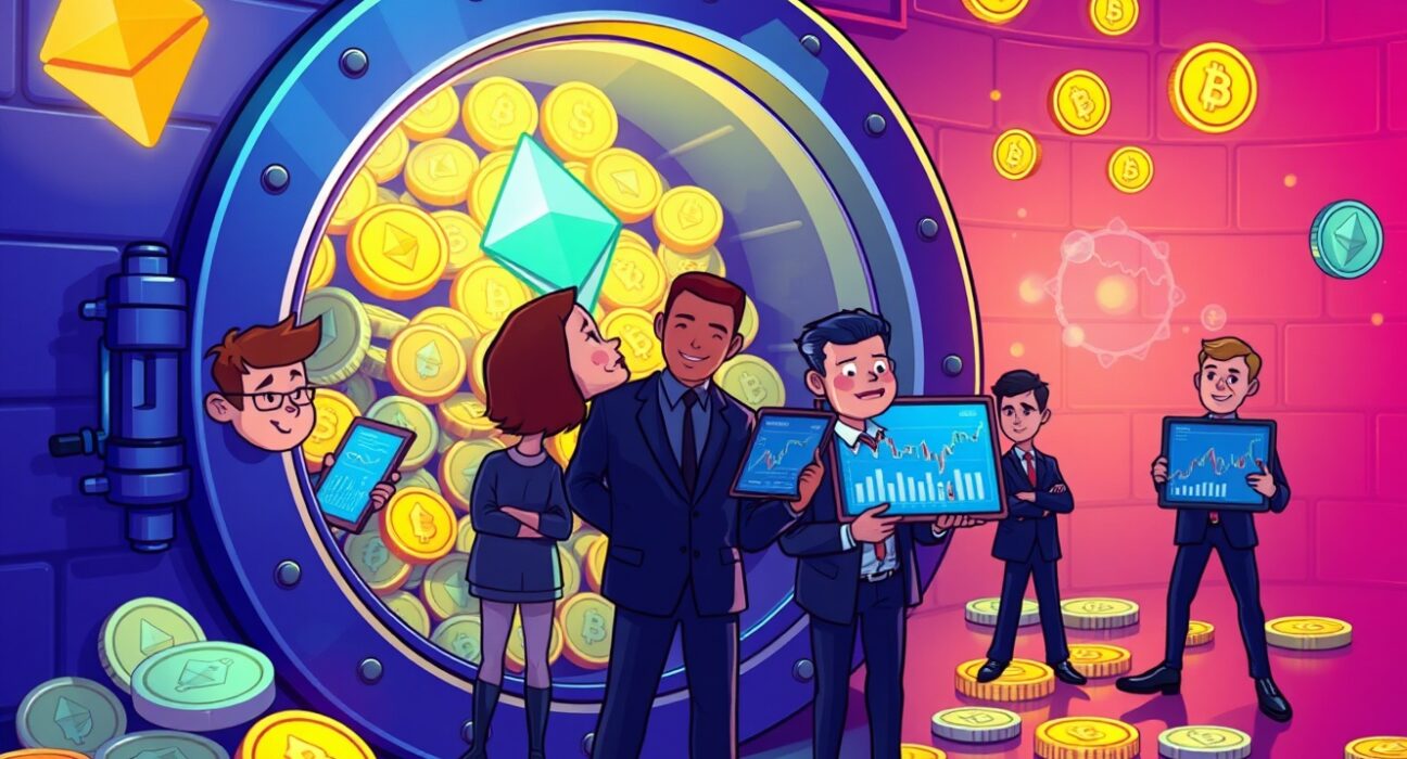 Bitmine address ETH purchase depicted as cartoon characters analyzing massive digital Ethereum vault