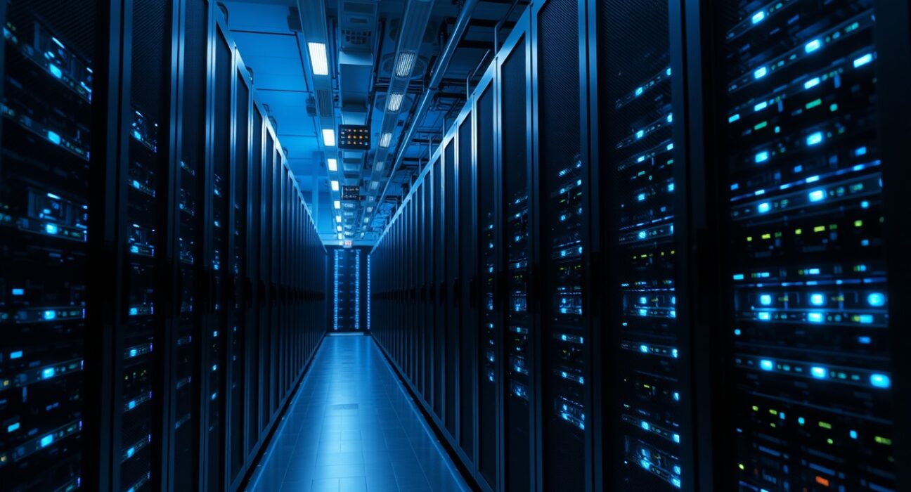 Interior view of a cryptocurrency mining data center with rows of servers and blue LED lighting