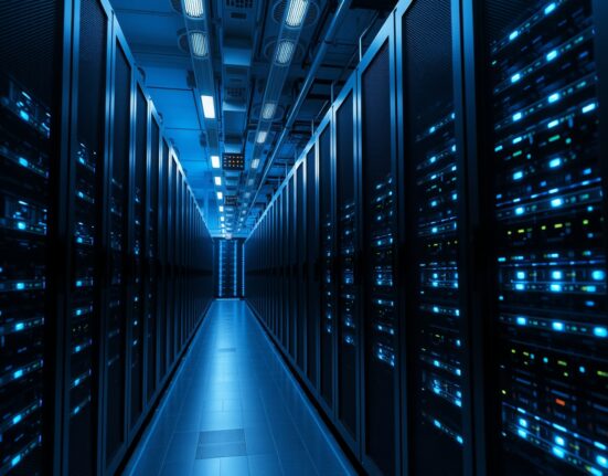 Interior view of a cryptocurrency mining data center with rows of servers and blue LED lighting
