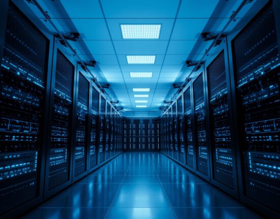 Interior of a modern data center with blue-lit server racks used for Ethereum staking
