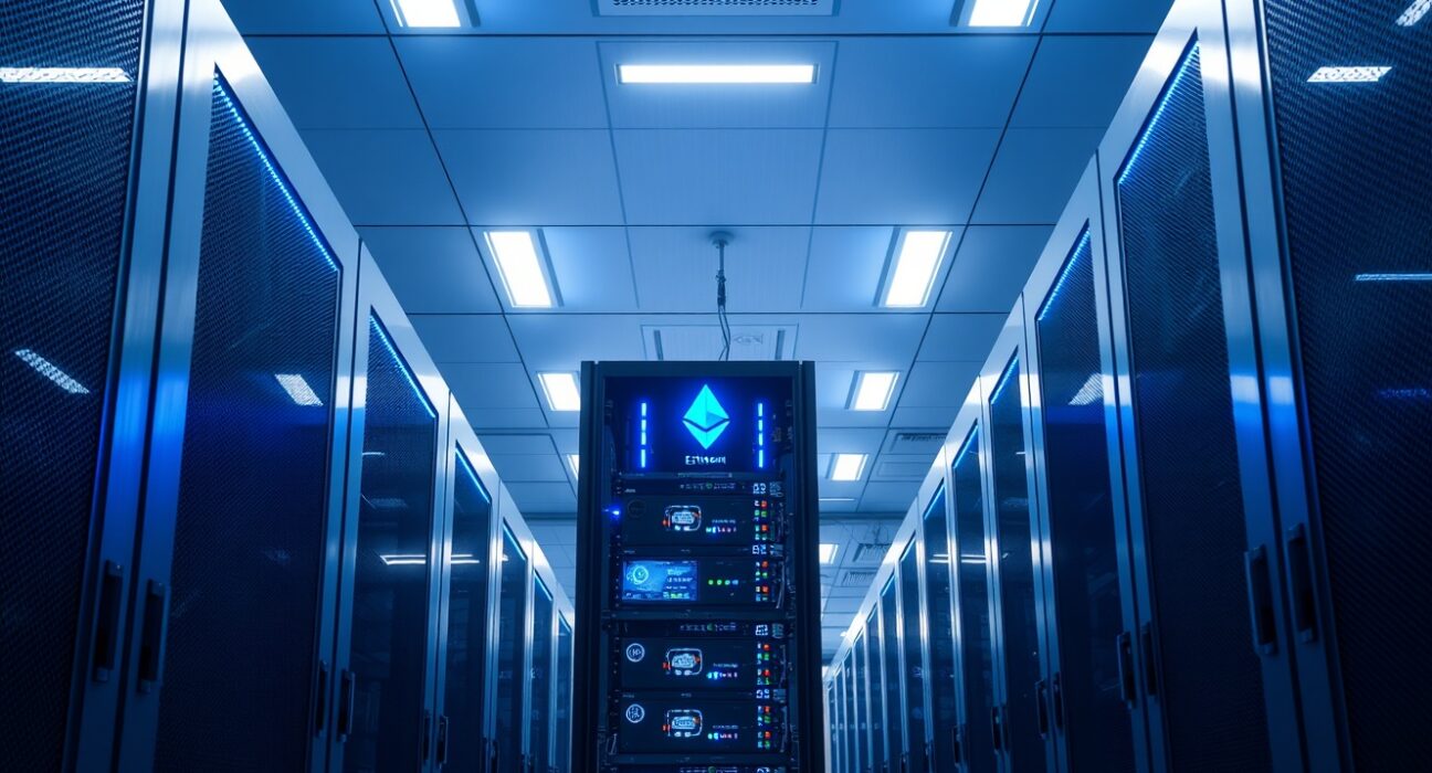 Interior of a modern data center with GPU mining rigs representing Bitmine's large-scale Ethereum holdings.