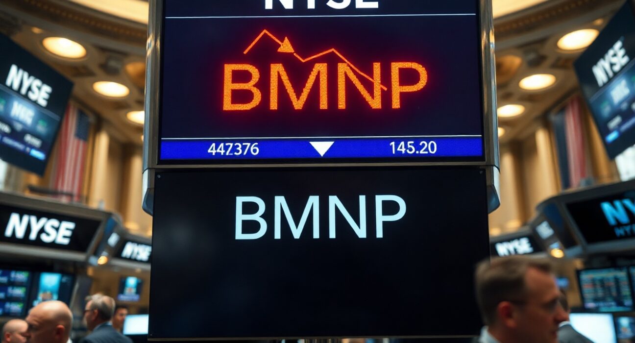 NYSE trading floor with BMNP stock ticker showing a decline below par value
