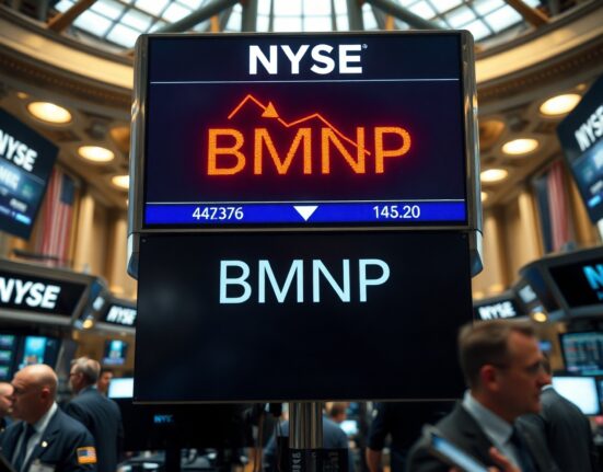 NYSE trading floor with BMNP stock ticker showing a decline below par value