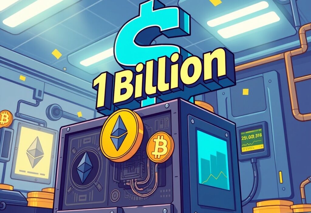 A cartoon illustration symbolizing BitMine's strategic $1 billion share buyback, highlighting its crypto assets and financial strength.