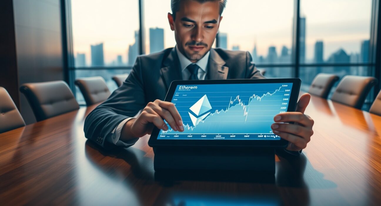 Business professional reviewing Ethereum and stock chart on a tablet in a modern boardroom