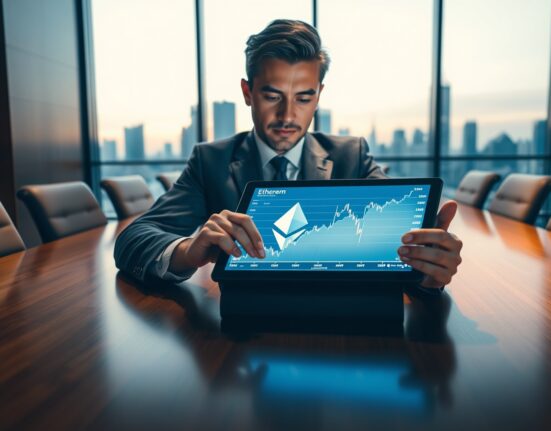 Business professional reviewing Ethereum and stock chart on a tablet in a modern boardroom