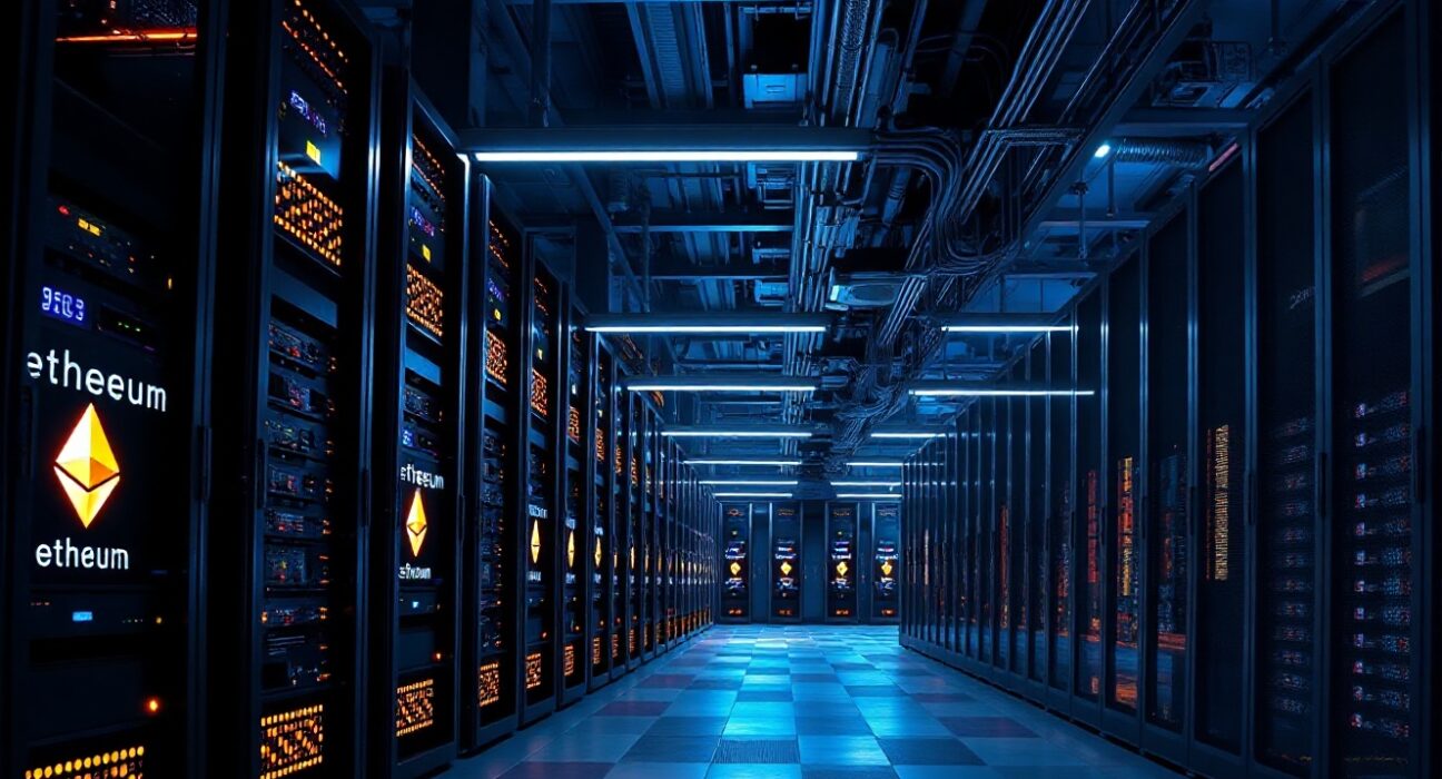 Interior of a cryptocurrency mining data center with rows of Ethereum mining servers emitting blue and orange light.