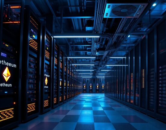 Interior of a cryptocurrency mining data center with rows of Ethereum mining servers emitting blue and orange light.