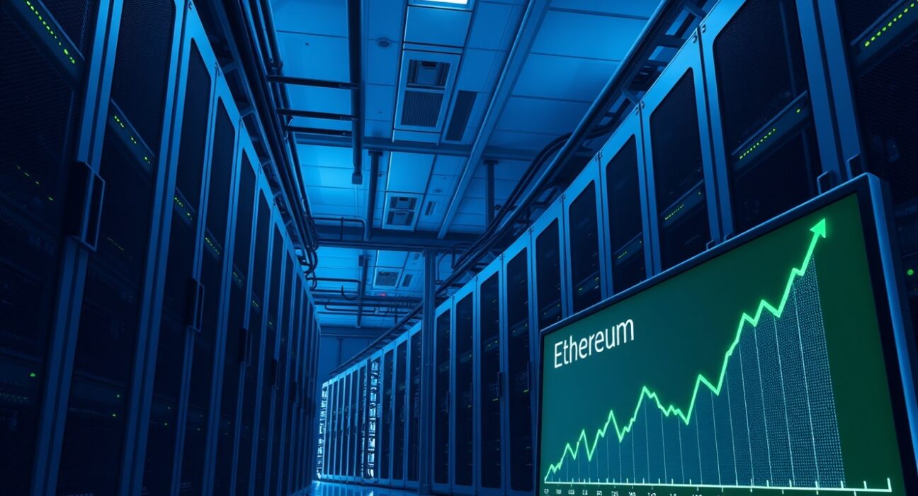 Bitmine buys ETH: A modern data center with Ethereum mining rigs and a live price chart showing a green trend.