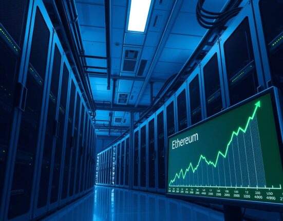 Bitmine buys ETH: A modern data center with Ethereum mining rigs and a live price chart showing a green trend.