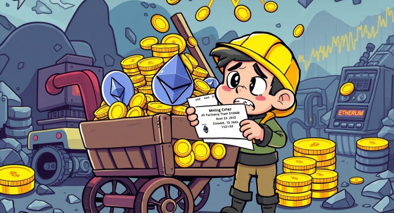 Remarkable BitMine dividend decision illustrated with mining cart and Ethereum symbols during market volatility