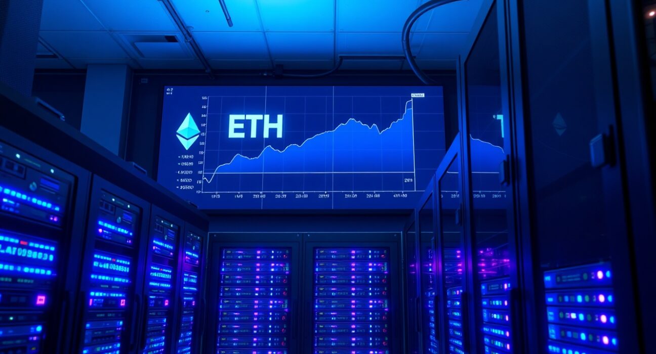 Bitmine ETH accumulation: A modern data center with servers for Ethereum staking, representing Bitmine's growing corporate crypto holdings.