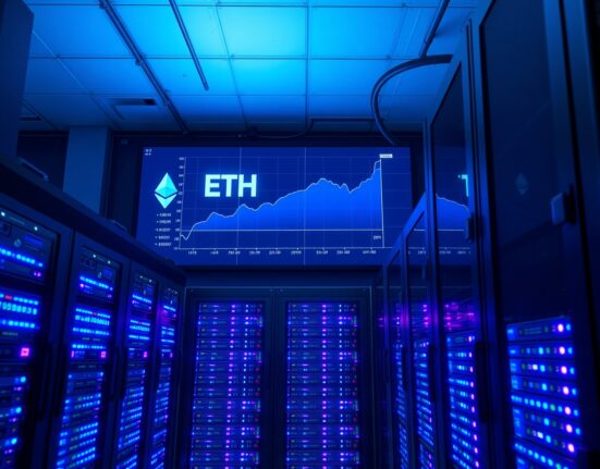Bitmine ETH accumulation: A modern data center with servers for Ethereum staking, representing Bitmine's growing corporate crypto holdings.