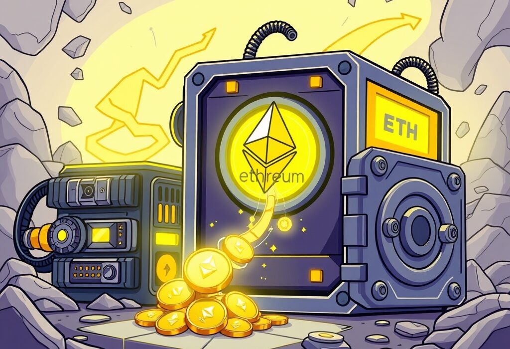 Cartoon illustration depicting Bitmine's massive Bitmine ETH acquisition, showing Ethereum flowing into a large digital vault.