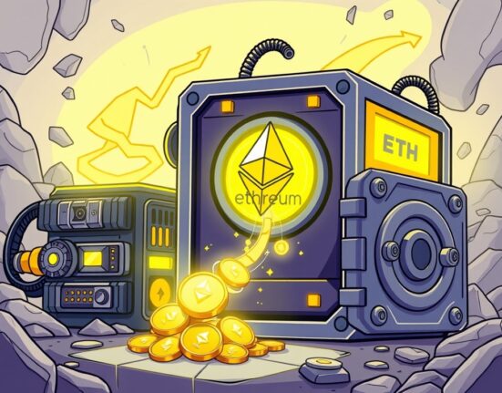 Cartoon illustration depicting Bitmine's massive Bitmine ETH acquisition, showing Ethereum flowing into a large digital vault.