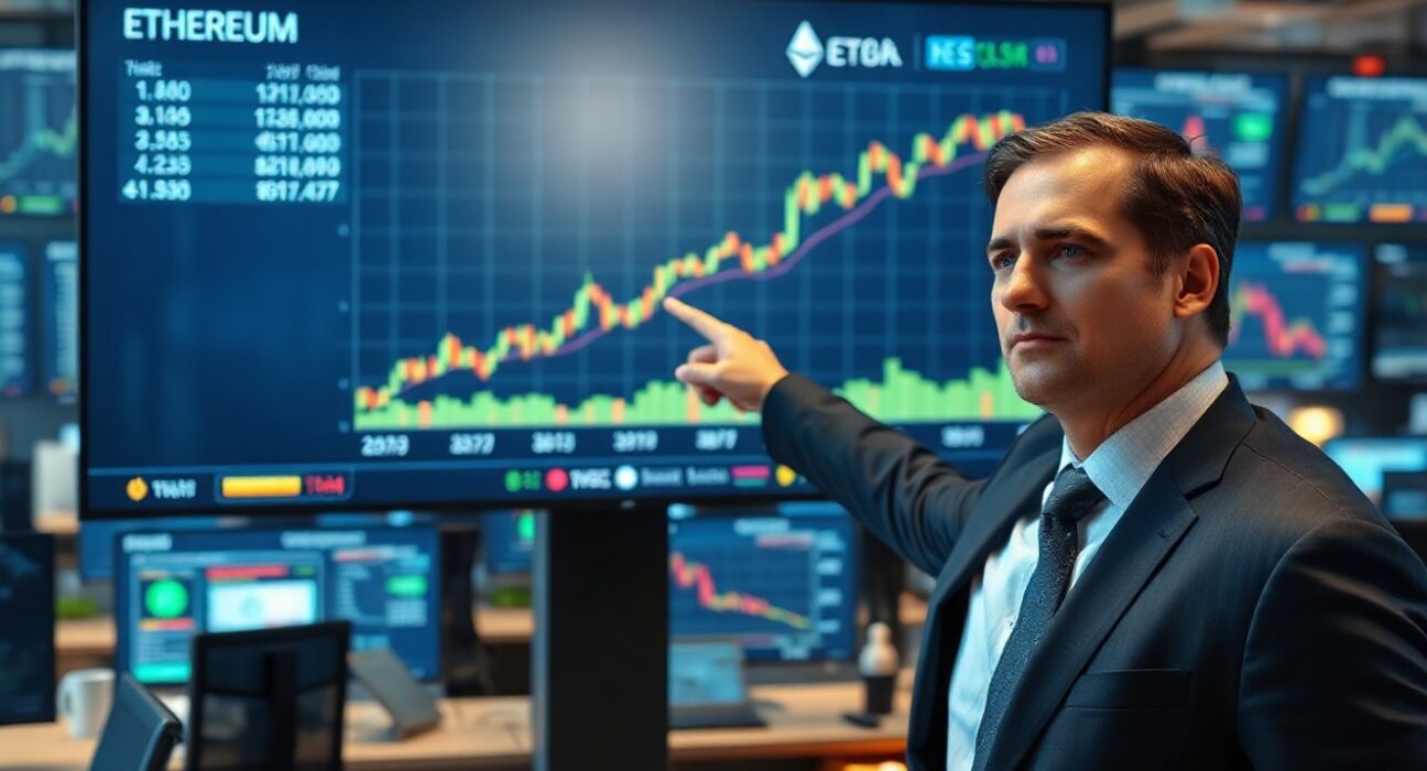 BitMine executive pointing at Ethereum price chart on screen
