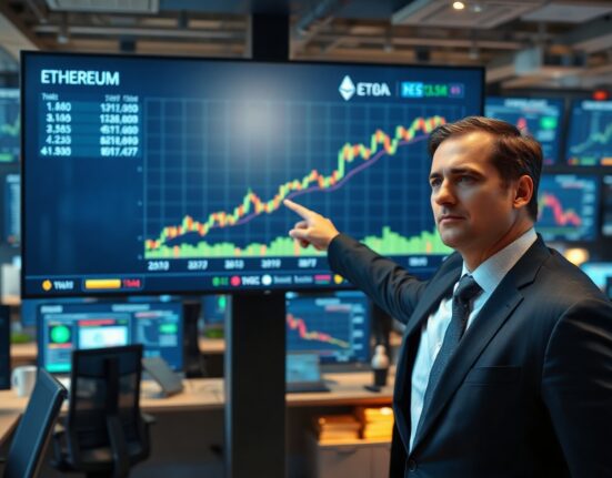 BitMine executive pointing at Ethereum price chart on screen