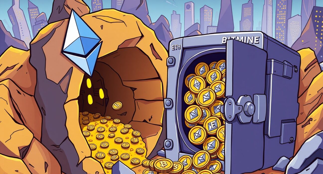 A cartoon illustration showing Bitmine ETH holdings rapidly growing, symbolizing significant institutional investment in Ethereum.