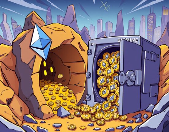 A cartoon illustration showing Bitmine ETH holdings rapidly growing, symbolizing significant institutional investment in Ethereum.