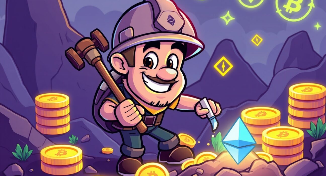 Bitmine ETH investment strategy shown through cartoon miner collecting digital Ethereum coins