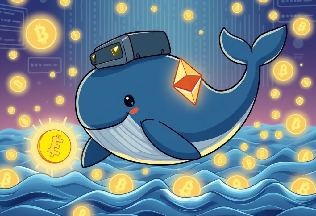 A cartoon whale representing a large BitMine ETH purchase, swimming through digital Ethereum symbols, indicating significant institutional investment.