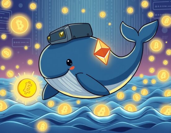 A cartoon whale representing a large BitMine ETH purchase, swimming through digital Ethereum symbols, indicating significant institutional investment.